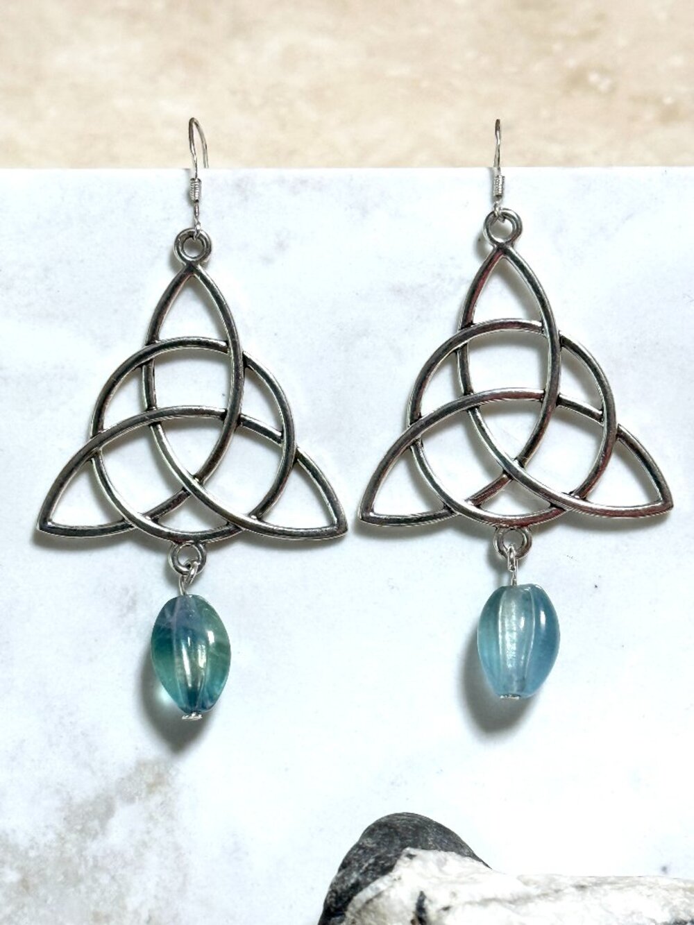 2/$20, Teal Fluorite Celtic Trinity Earrings, Gemstone & Sterling Silver Hooks